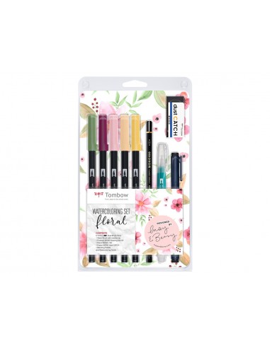 Set watercoloring tombow floral 9 piezas